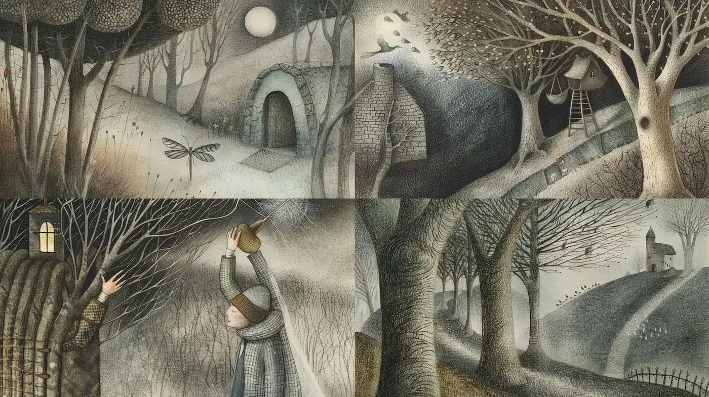 Whimsical and Minimalist Illustration with Enigmatic Atmosphere - Midjourney sref style