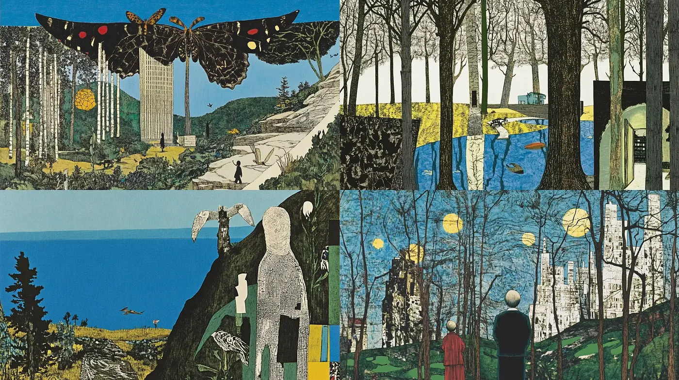 Surrealistic Nature Blend with Collage-Like Textures and Contrasting Elements - Midjourney sref style