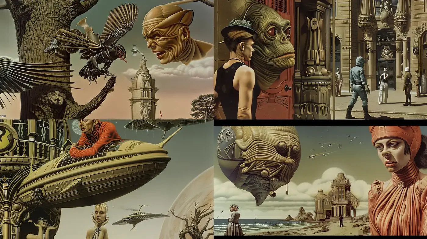 Surrealist Urban Futurism with Hints of Classicism - Midjourney sref style