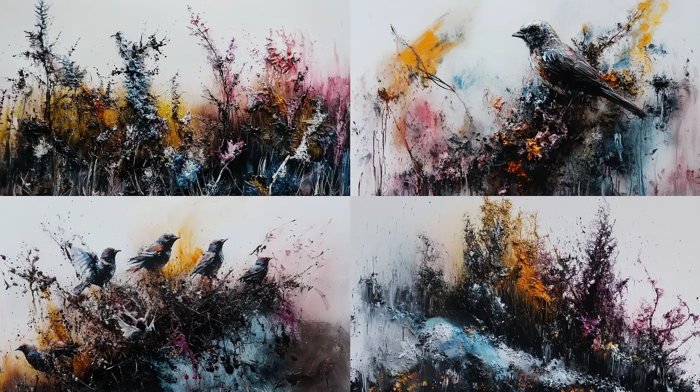Abstract Expressionist Avian Artistry with Dynamic Textural Splatter - Midjourney sref style