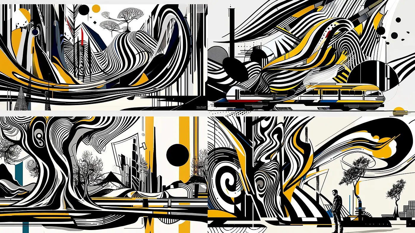 Abstract Urban Dynamics in Black and Gold - Midjourney sref style