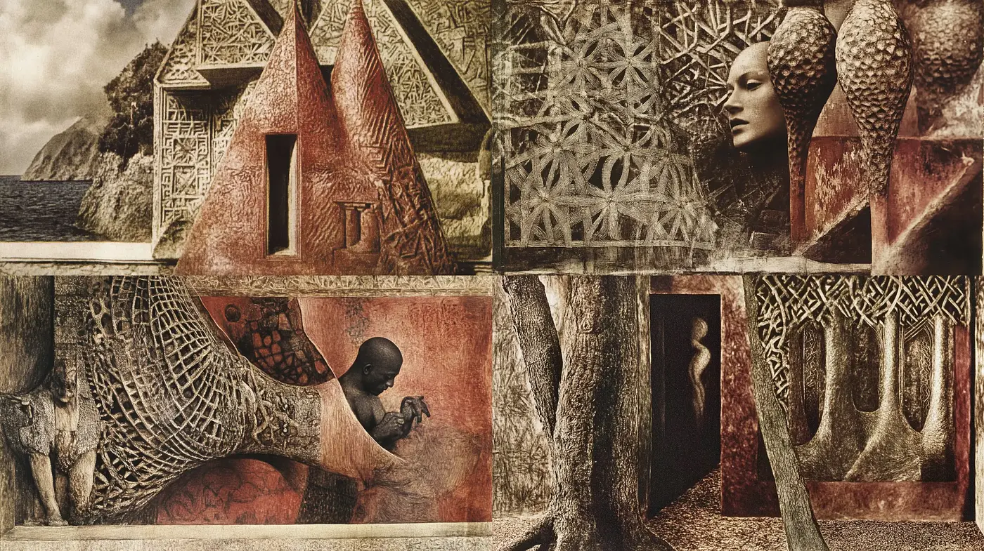 Surreal Textured Dreamscape with Abstract Forms - Midjourney sref style