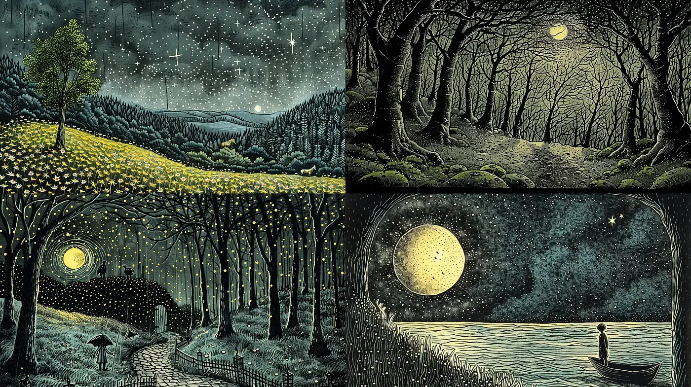 Nocturnal Enchantment: A Synchronous Dance of Starlight and Shadows - Midjourney sref style