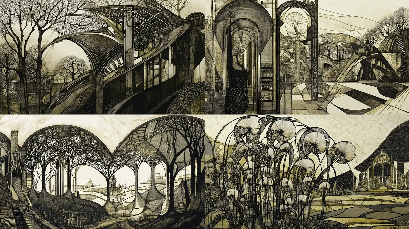Ethereal Monochromatic Dreamscape in Pen and Ink - Midjourney sref style