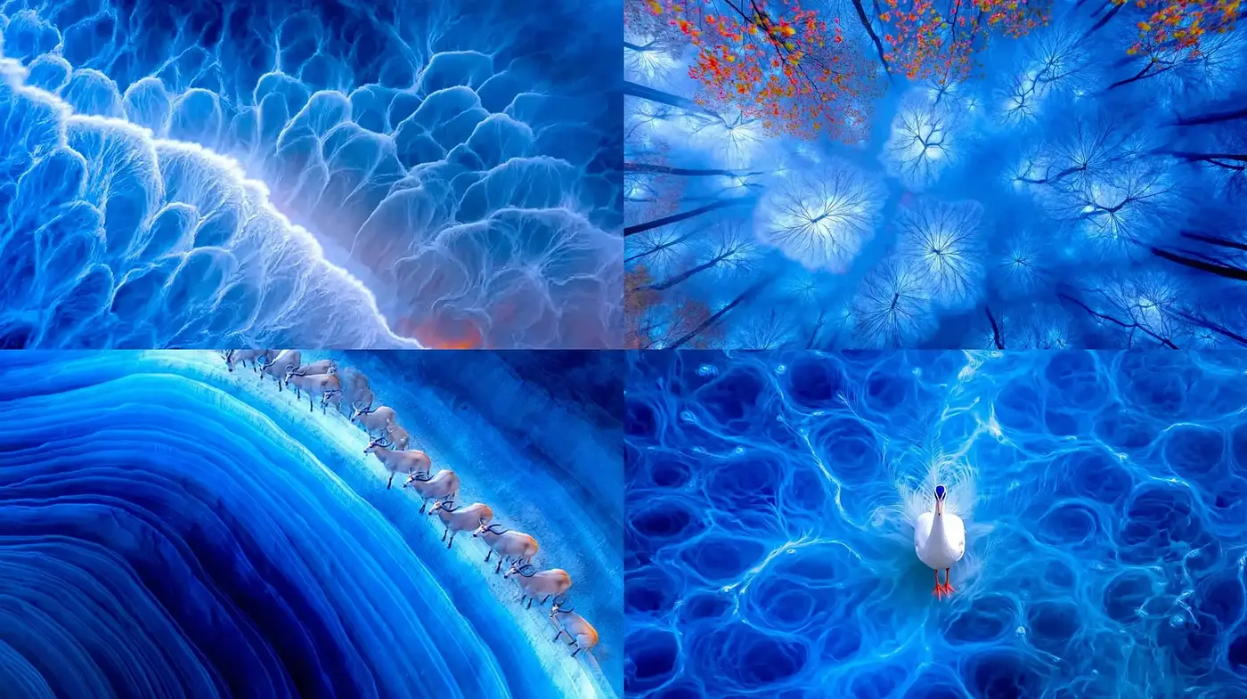 Dynamic Blue Abstraction with Natural Elements and Fluid Textures - Midjourney sref style