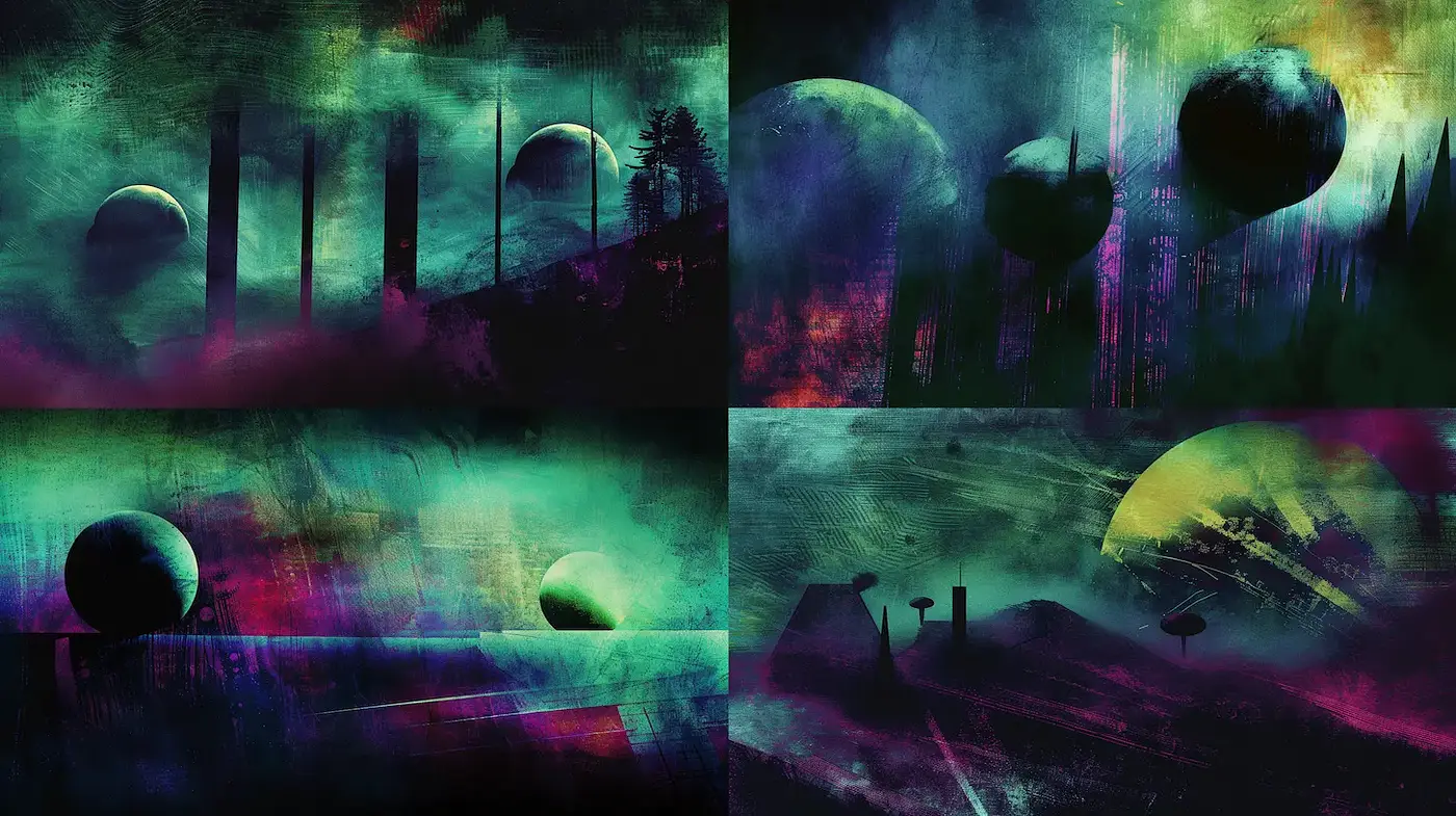 Mysterious Cosmic Landscapes with Surreal Elements - Midjourney sref style