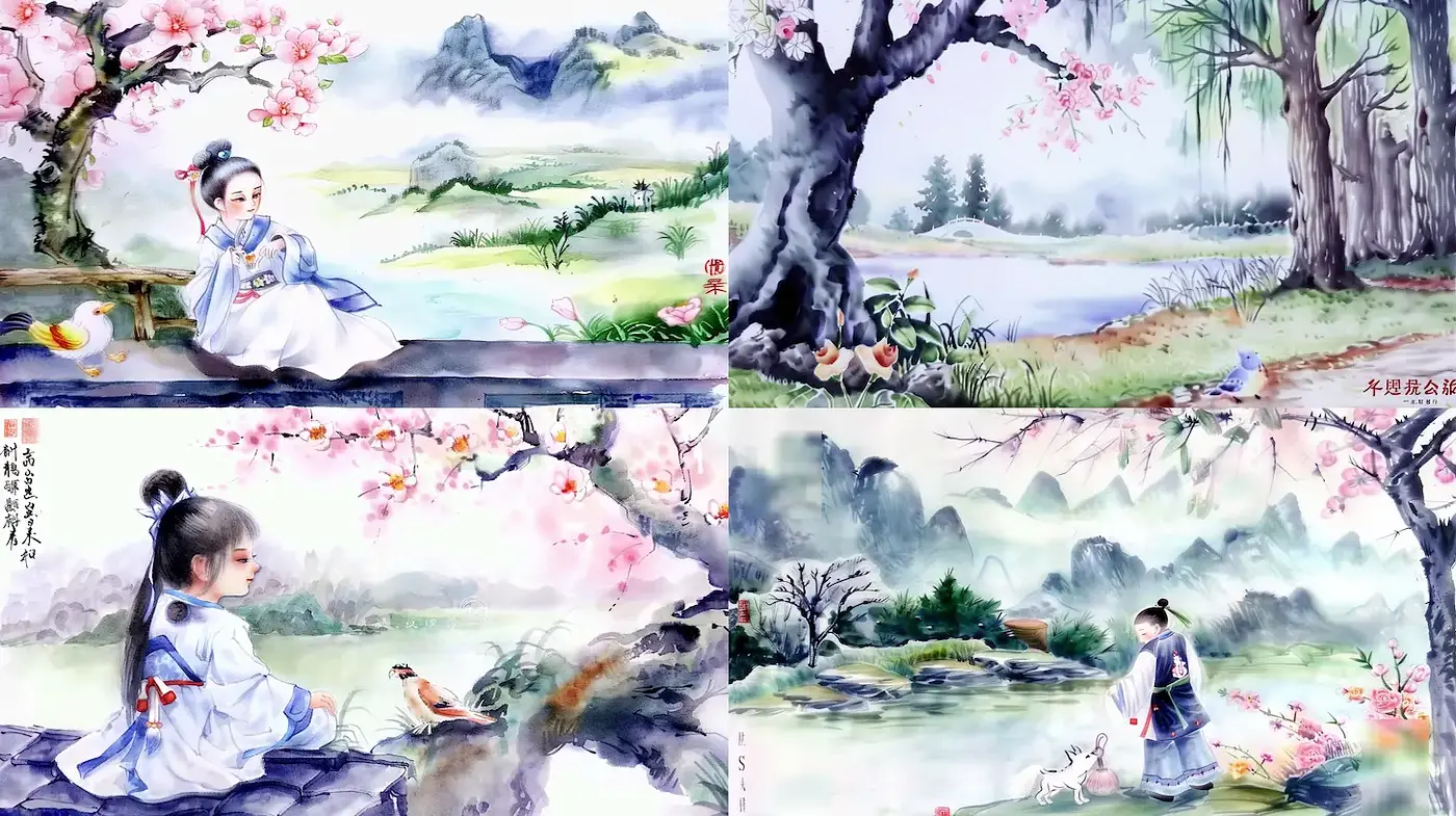 Serene and Dreamlike Asian Landscape with Delicate Figure Illustrations - Midjourney sref style