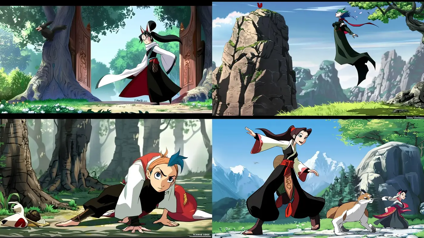 Energetic Animation Style with Lush Natural Backdrops and Dynamic Characters - Midjourney sref style