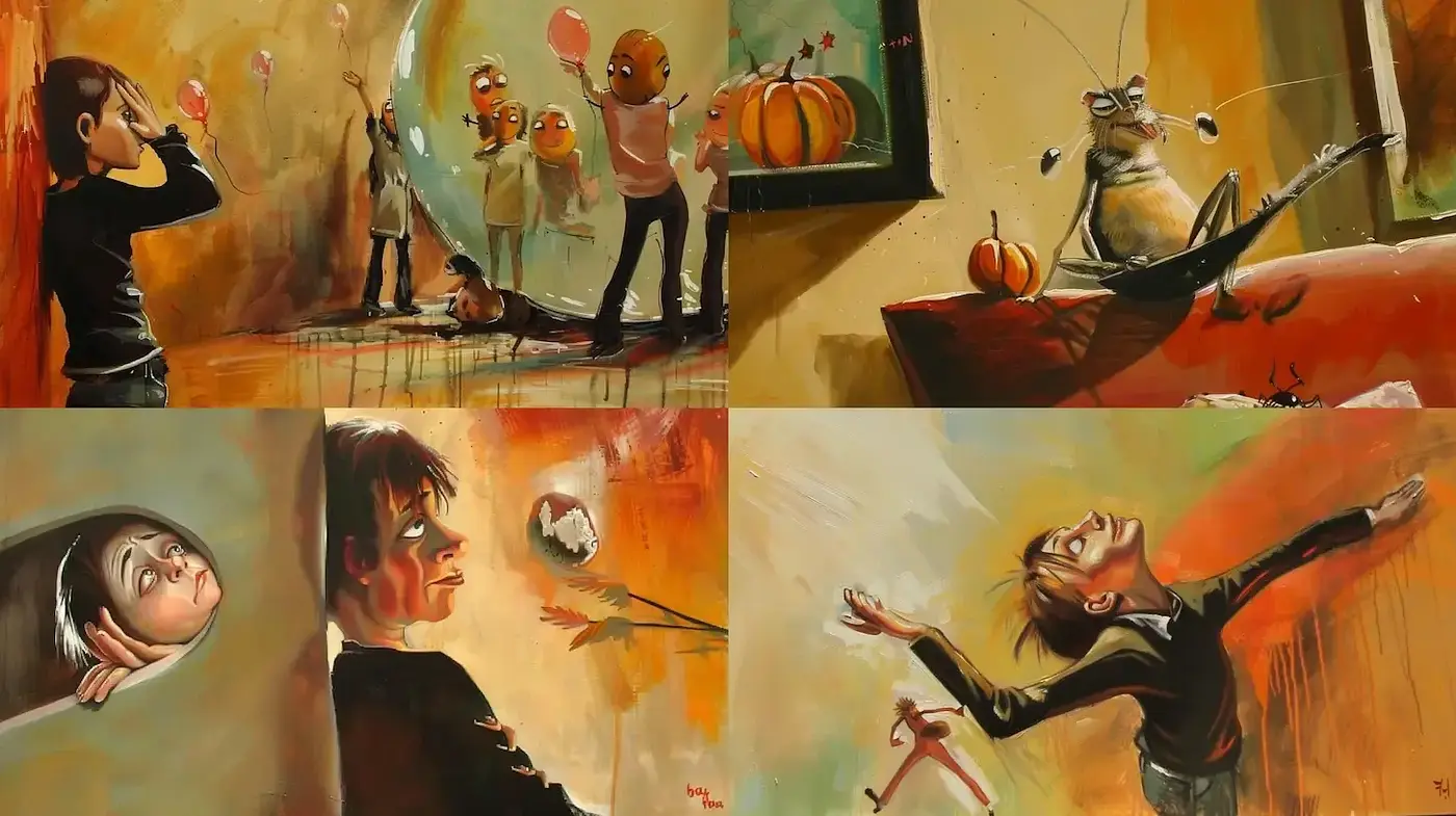 Surreal and Playful Exploration of Childhood amidst Whimsical Elements - Midjourney sref style