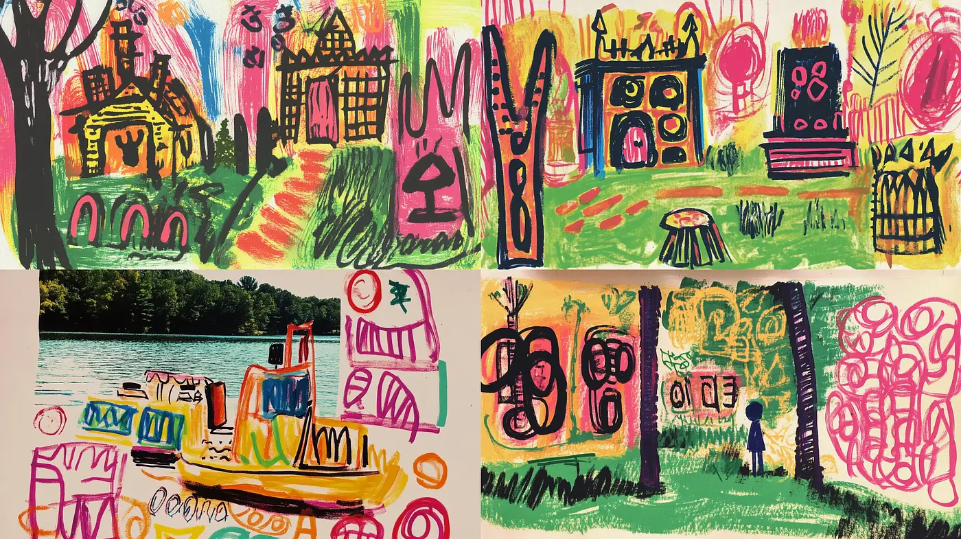 Whimsical Scribbles and Bold Contours in a Fauvist-Inspired Kaleidoscope - Midjourney sref style