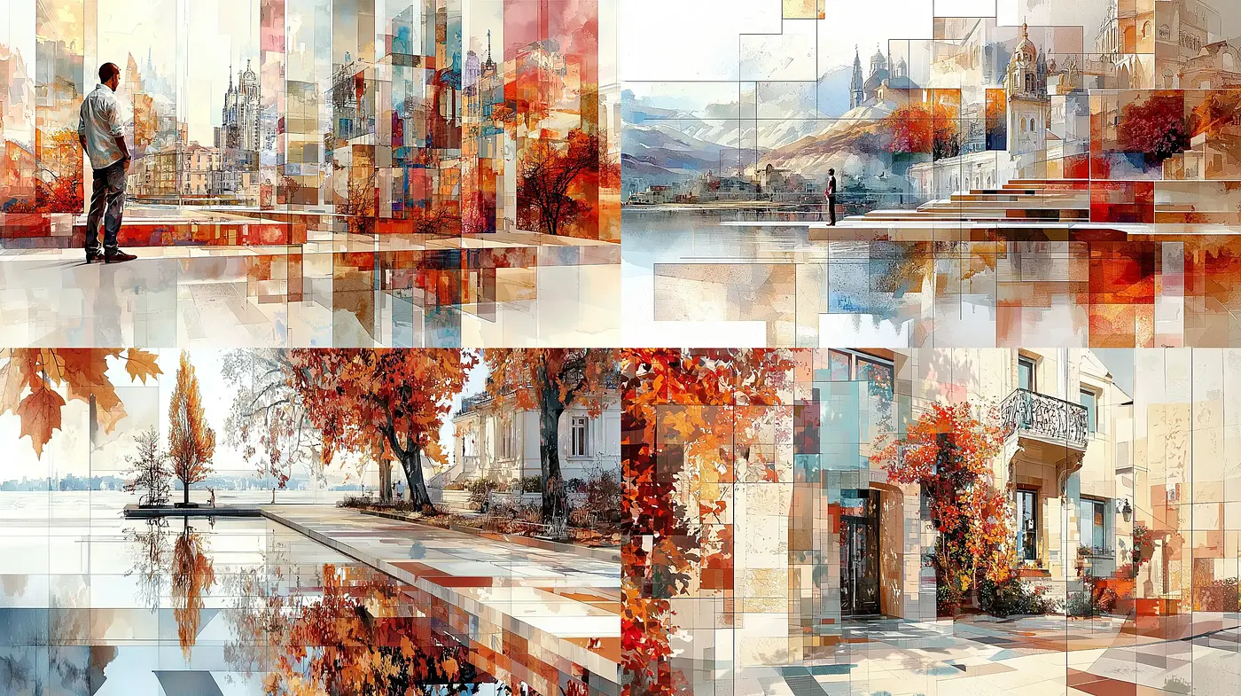 Eloquent Patchwork of Time: An Artistic Medley of Geometric Impressions and Autumn Hues - Midjourney sref style