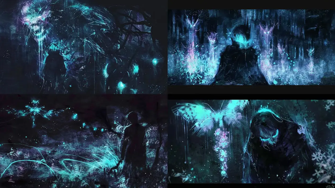 Ethereal, dark fantasy with a haunting ambiance - Midjourney sref style