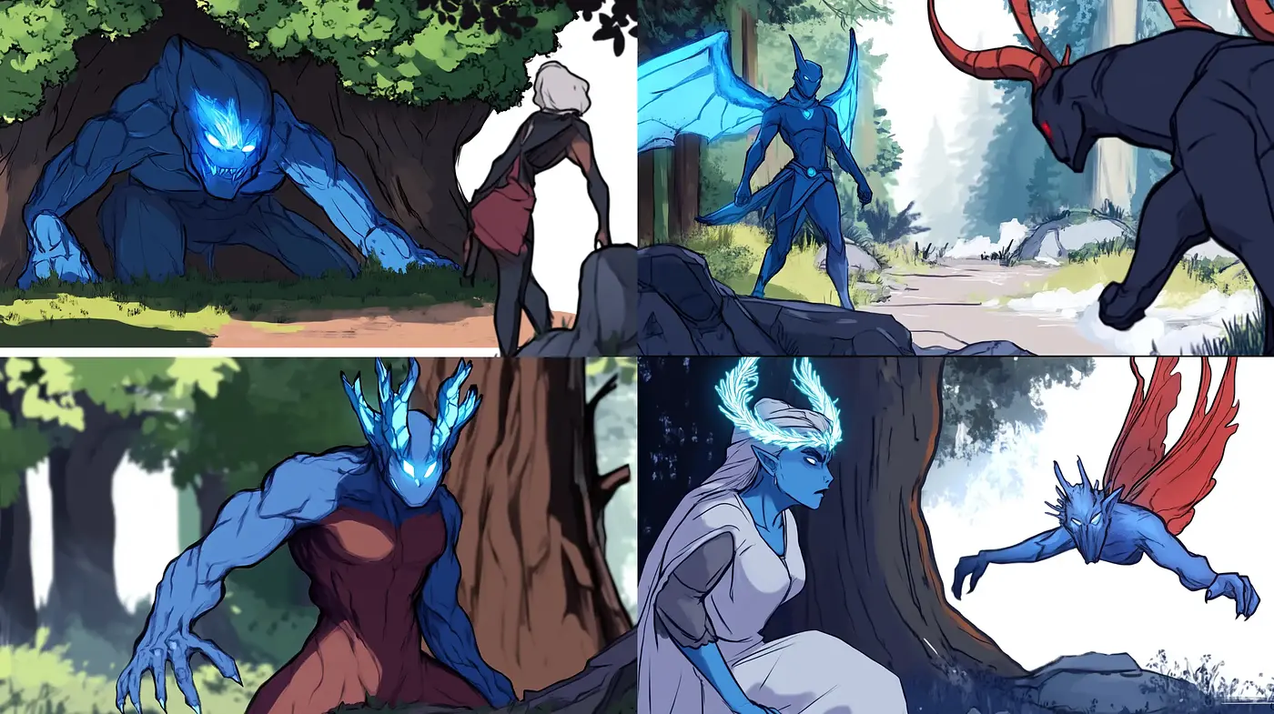 Ethereal Blue Creatures in Expressive Comic Book Narrative - Midjourney sref style