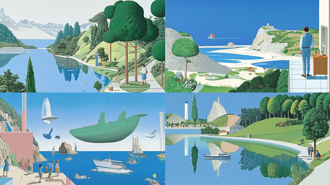 Serene Flat-Color Panoramas with Surrealist Touches - Midjourney sref style
