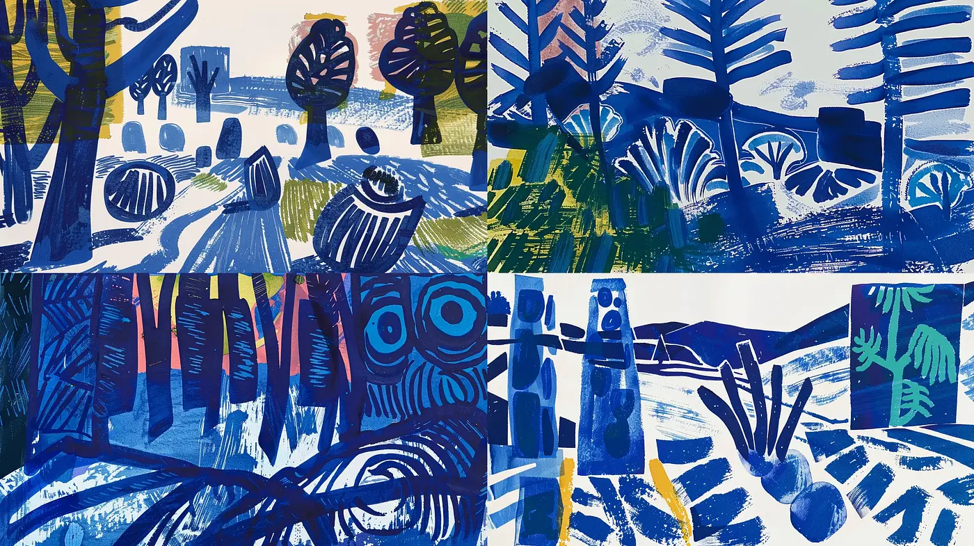 Abstract Lyrical Landscapes in Vivid Blue Hues - Midjourney sref style