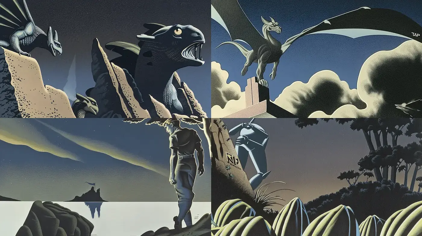 Dramatic and stylized fantasy landscapes with a retro aesthetic - Midjourney sref style