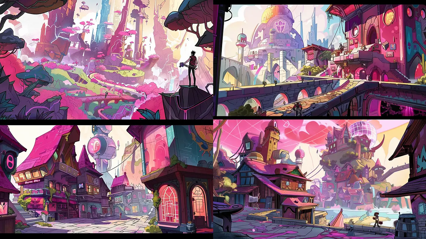 Futuristic Fantasy Cities with a Vibrant Comic Book Aesthetic - Midjourney sref style
