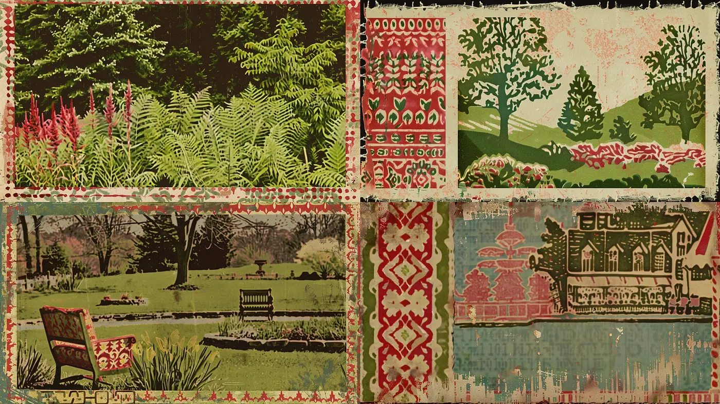 Botanical Tapestry: A Woven Vintage Approach to Natural and Architectural Elements - Midjourney sref style