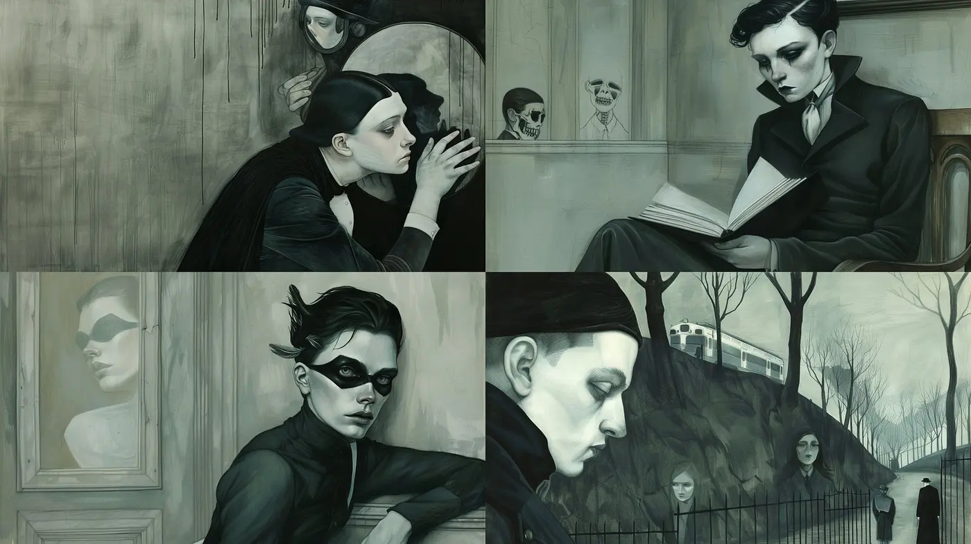 Ethereal Monochrome Elegance: A Homage to the Subdued Palette and Dreamlike Atmosphere of Surreal Narratives - Midjourney sref style