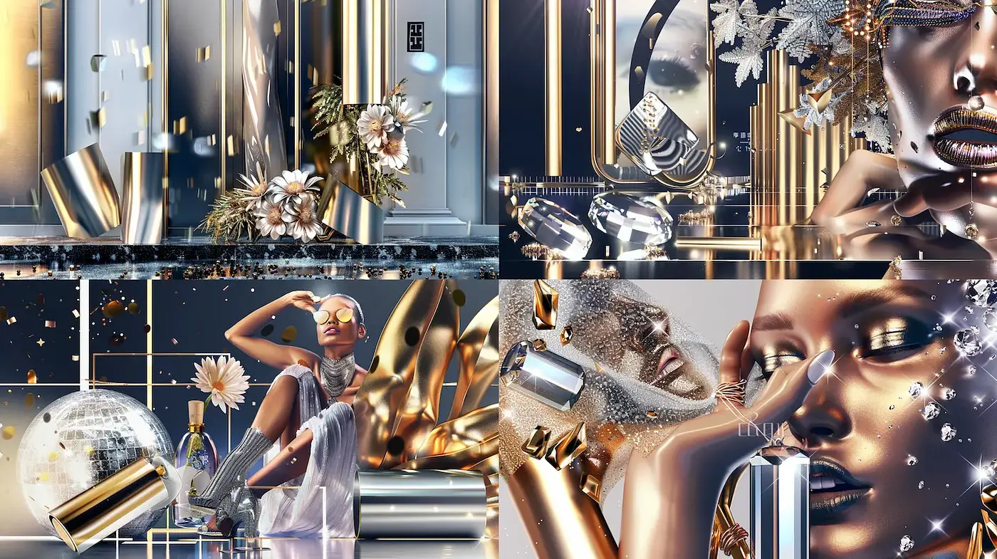 Elegant Futuristic Art with Metallic and Floral Elements - Midjourney sref style