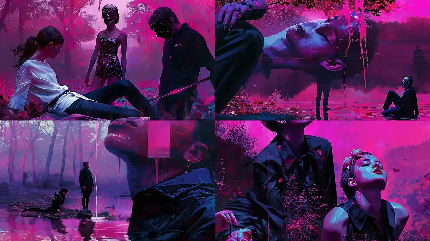 Surreal Magenta Twilight: A Synthesis of Cyberpunk and Dreamlike Fantasy - Midjourney sref style