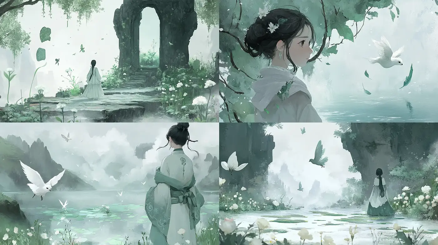 Serene Watercolor Nature Series with Ethereal Overtones - Midjourney sref style
