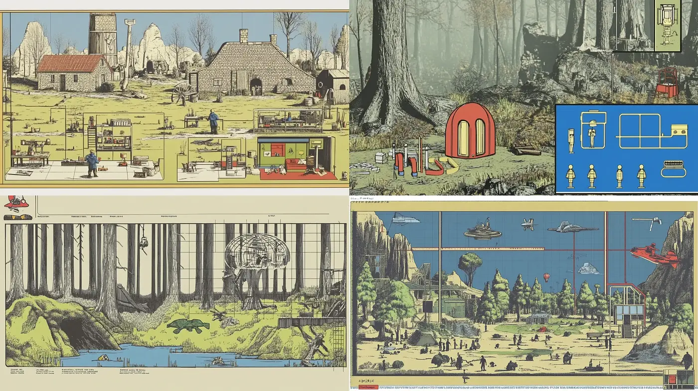 Retrofuturistic Cross-Sectional Vignettes - Midjourney sref style