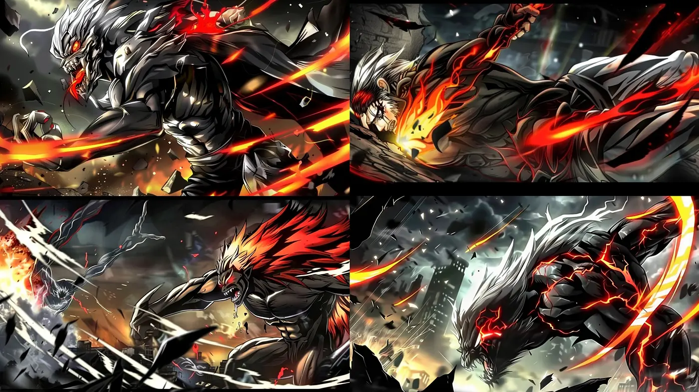 Dynamic Brushstrokes of Intensity and Contrast: A Homage to Action-Packed Anime Illustrations - Midjourney sref style