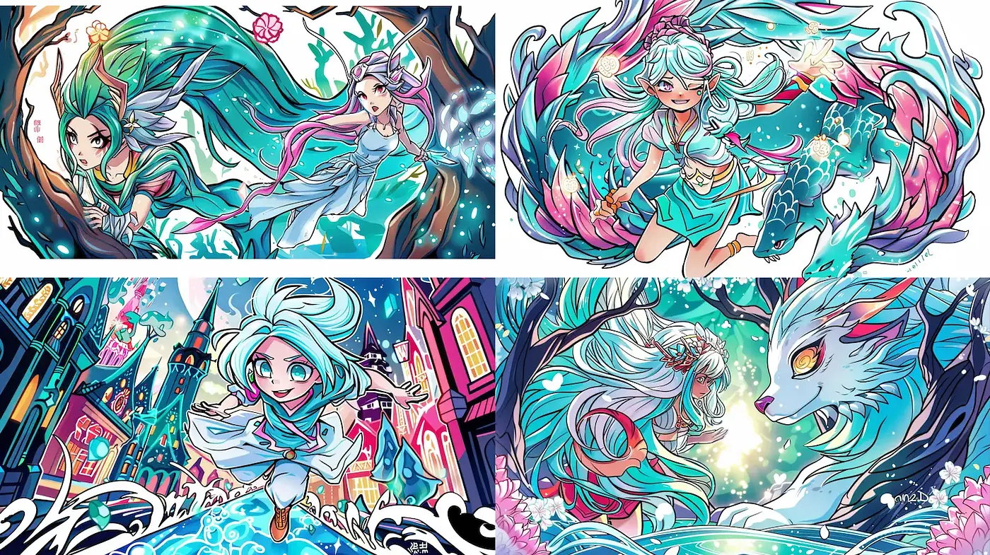 Vibrant and whimsical depiction of mythical figures with intricate backgrounds - Midjourney sref style