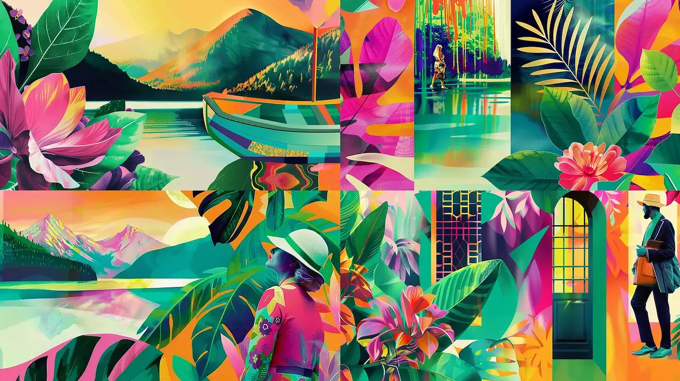 Vibrant tropical landscapes infused with surreal color palettes and intricate detailing - Midjourney sref style