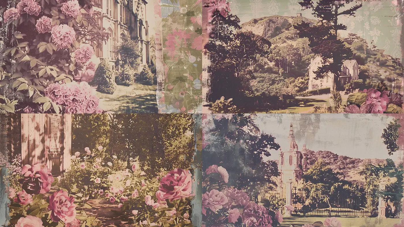 Floral Overlaid Vintage-Inspired Pastoral Scenes - Midjourney sref style