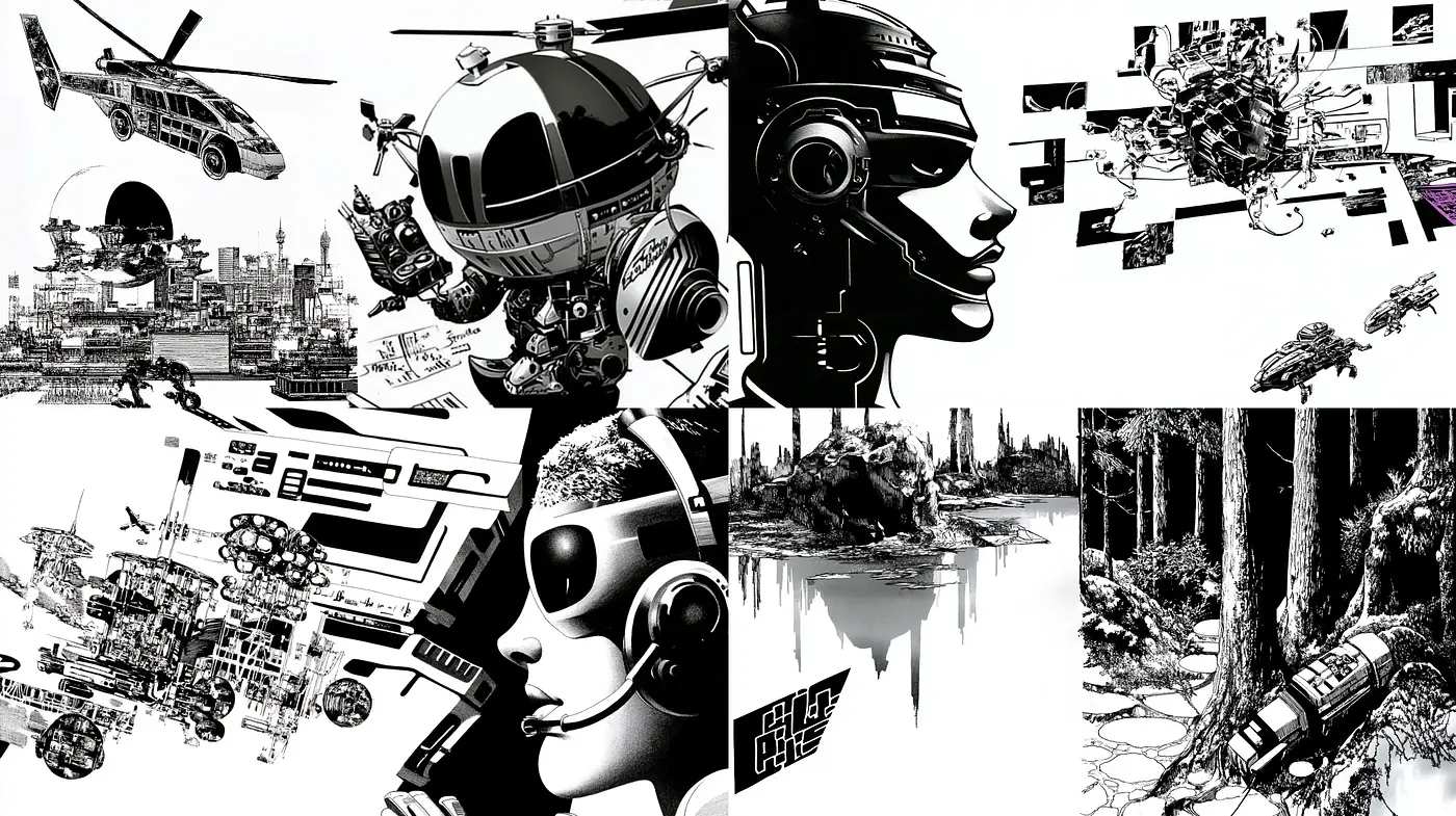Futuristic Mechanical Synchrony in Monochrome - Midjourney sref style