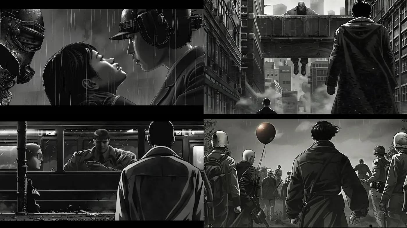 Monochromatic Noir with Cinematic Cyberpunk Overtones - Midjourney sref style