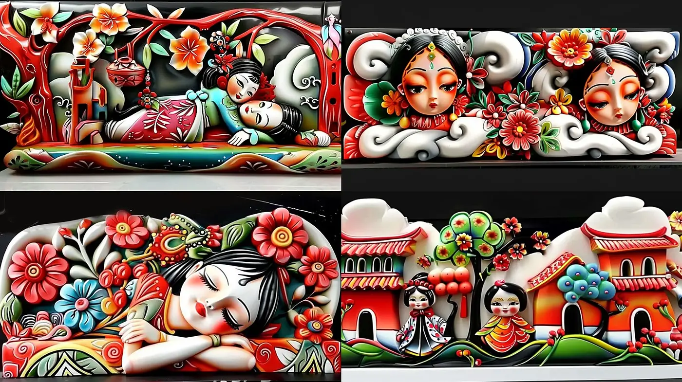 Enchanting Folklore Dreamscape: A Lush Tapestry of Vivid Hues and Floral Embellishments - Midjourney sref style