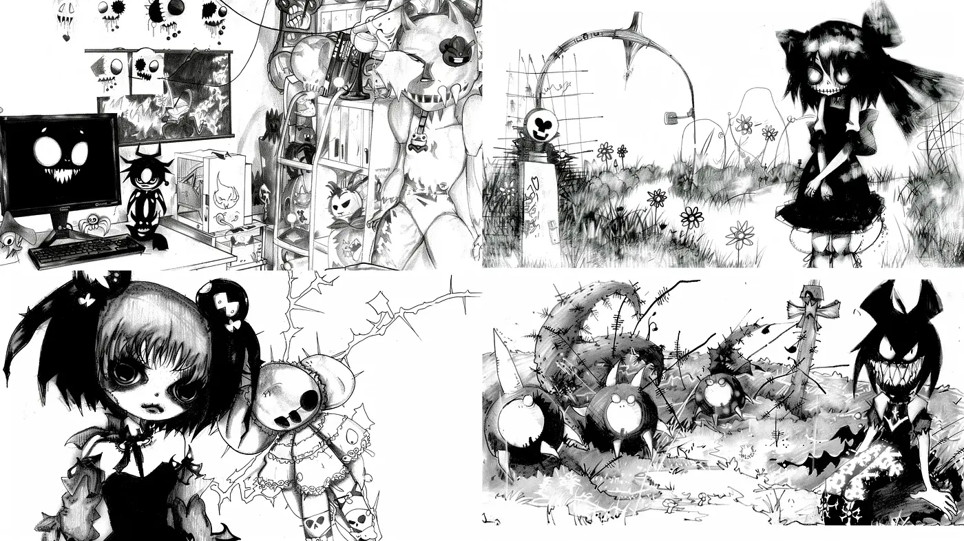 Monochrome Whimsy: A Playful Dance of Dark Fantasy and Cartoon Gothic - Midjourney sref style