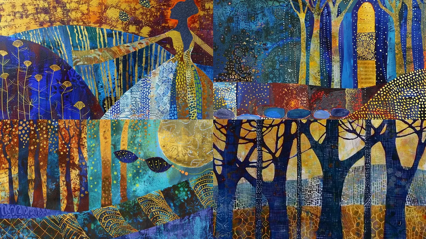 Enchanted Mosaic Forests: A Tapestry of Stylized Nature and Pointillist Patterns - Midjourney sref style