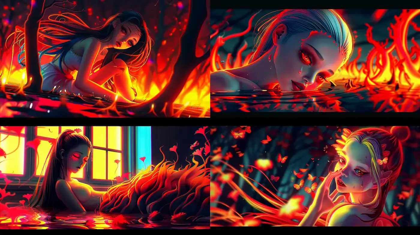 Vibrant and Ethereal Fantasy Aesthetic with Fiery Elements - Midjourney sref style