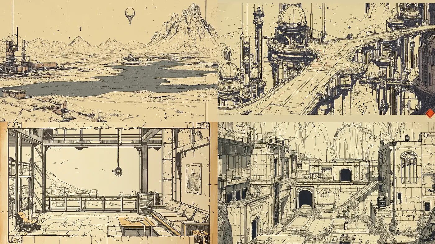 Monochromatic Futuristic Nostalgia in Sketch-like Sci-fi Landscapes - Midjourney sref style