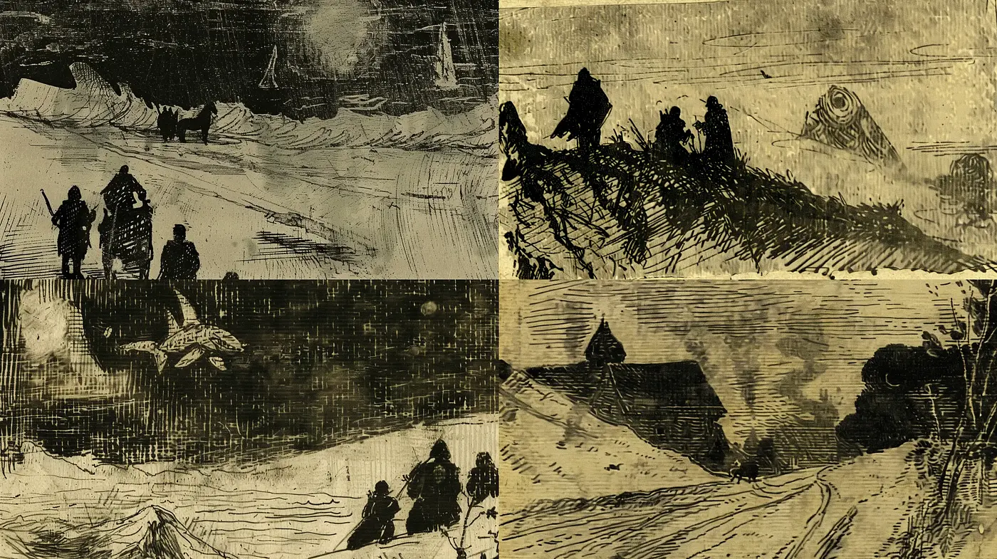 Stark Monochromatic Visions: A Homage to Vintage Sketch Techniques - Midjourney sref style