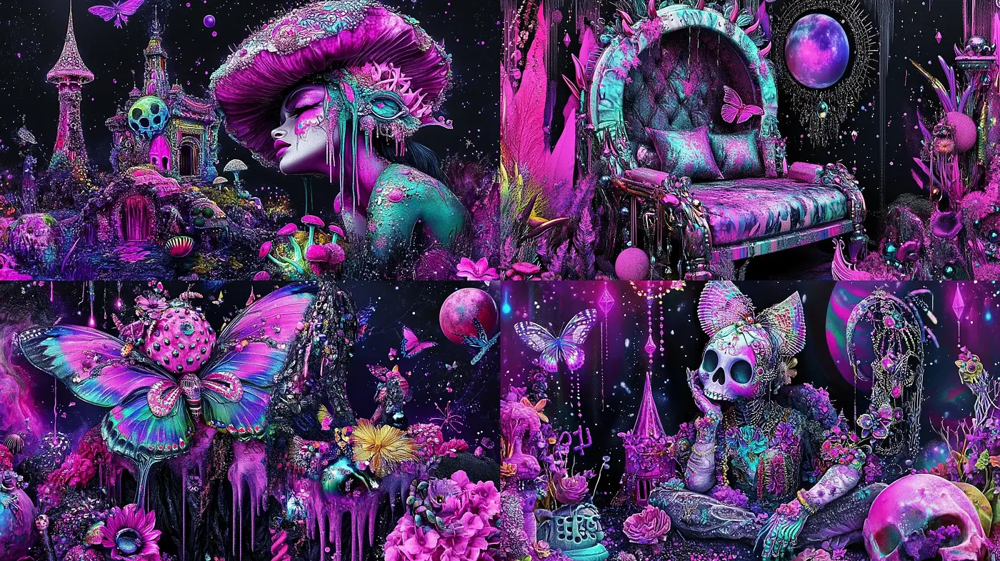 Psychedelic Phantasmagoria: A Neon-Gothic Fusion of Fantastical Elements - Midjourney sref style