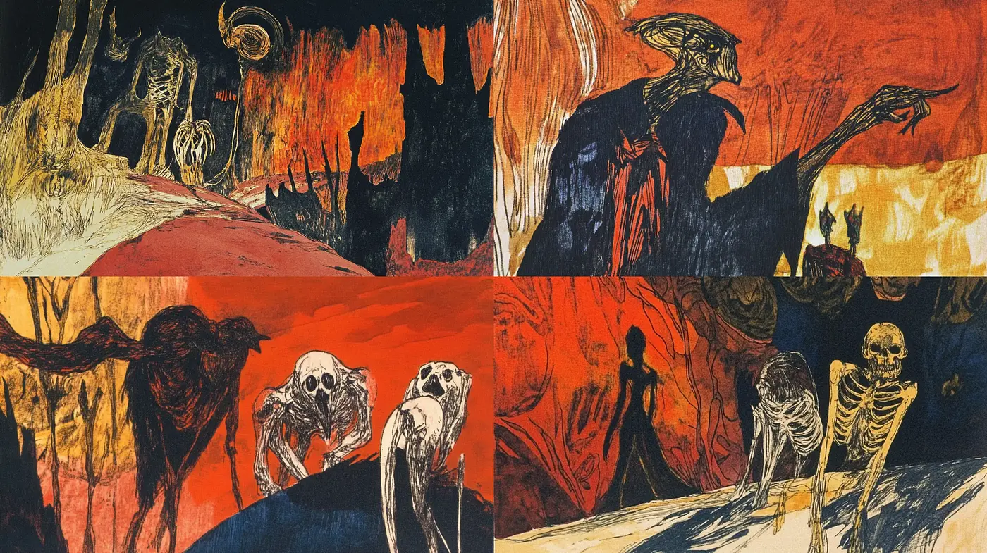 Expressionist Inferno: A Journey Through Macabre and Crimson Tones - Midjourney sref style