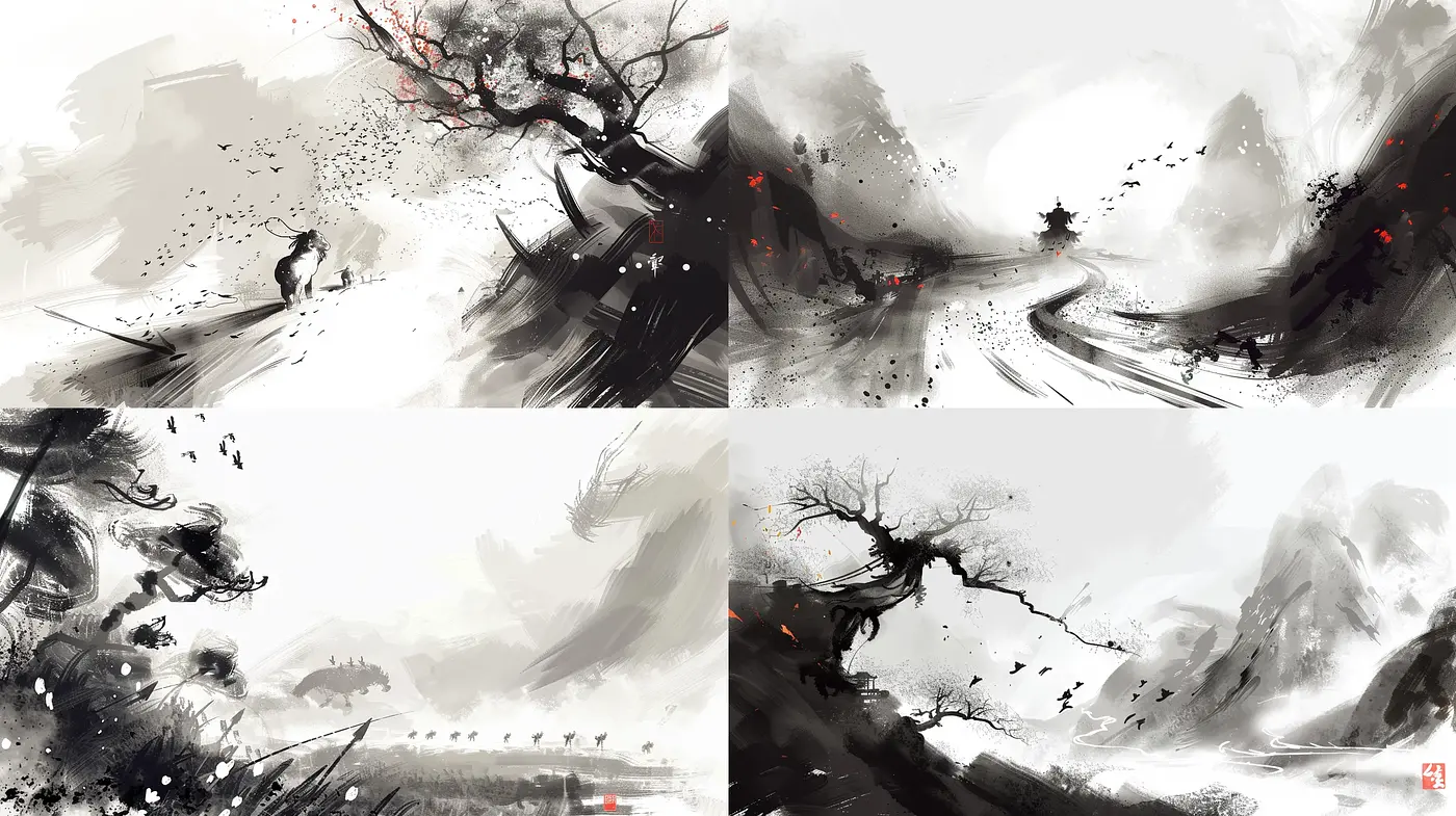 Stylized Ink Wash Evoking Eastern Traditional Art - Midjourney sref style
