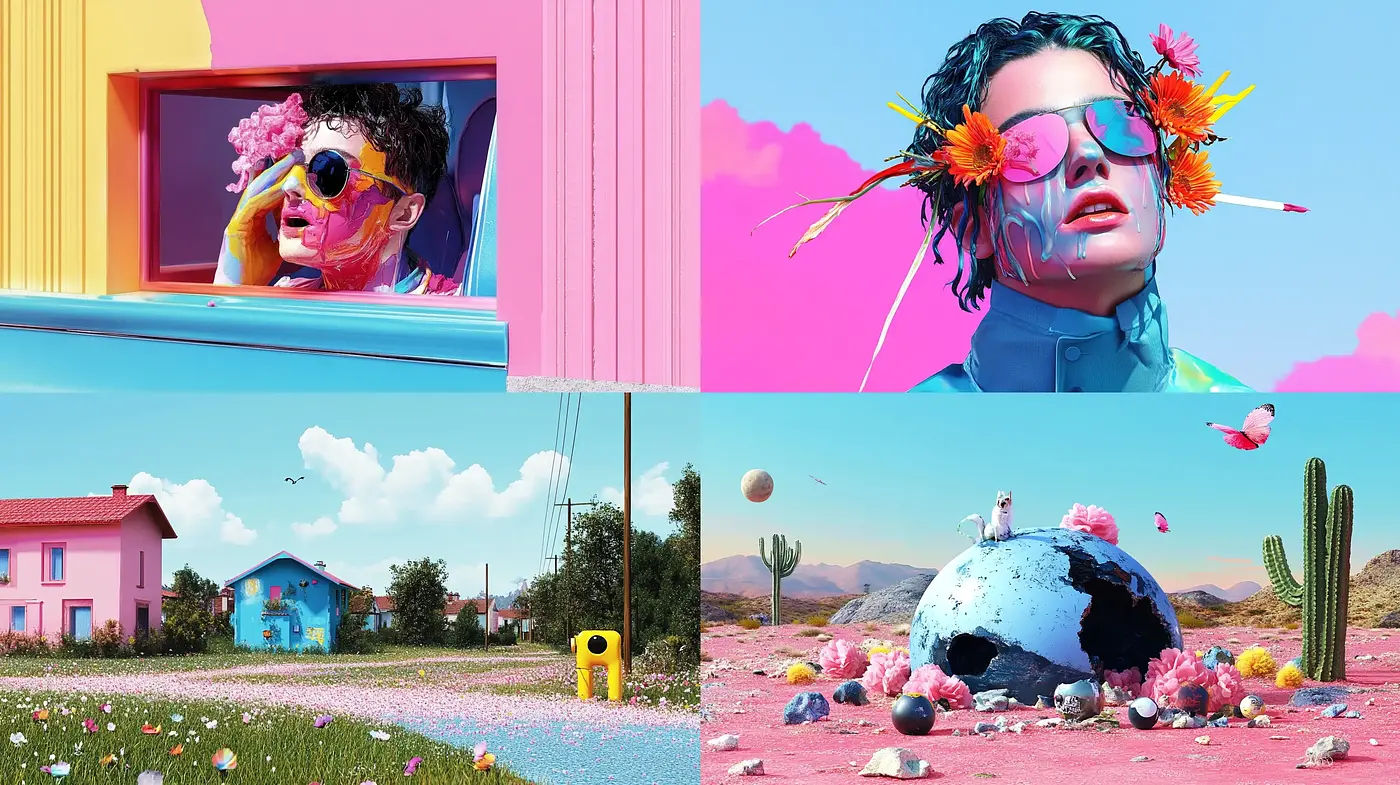Surreal Candy-Colored Dreamscapes with Expressive Floral Overtones - Midjourney sref style