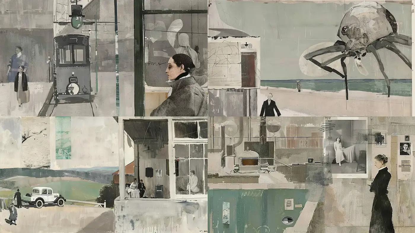 A vintage narrative style with surrealist elements and muted tones - Midjourney sref style