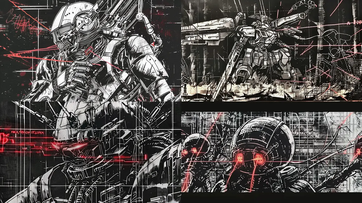 Cybernetic Contrasts: Monochrome Mastery with Scarlet Accents - Midjourney sref style