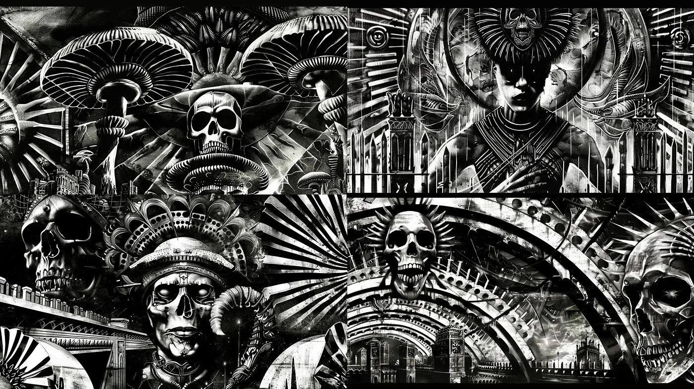 Monochromatic Gothic Symphony of Skulls and Fantastical Machinery - Midjourney sref style