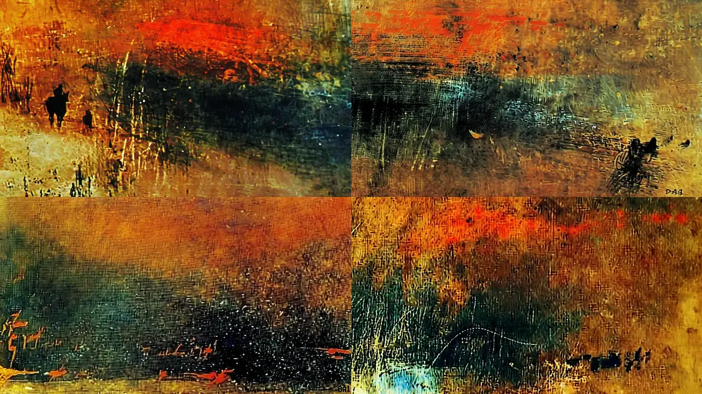 Dynamic and Textured Abstract Landscapes with a Rich Color Palette - Midjourney sref style