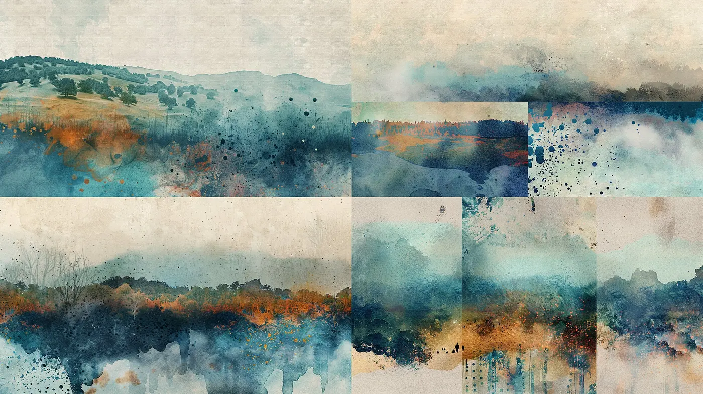 Harmonious Fusion of Melancholic Impressions and Abstract Splashes - Midjourney sref style