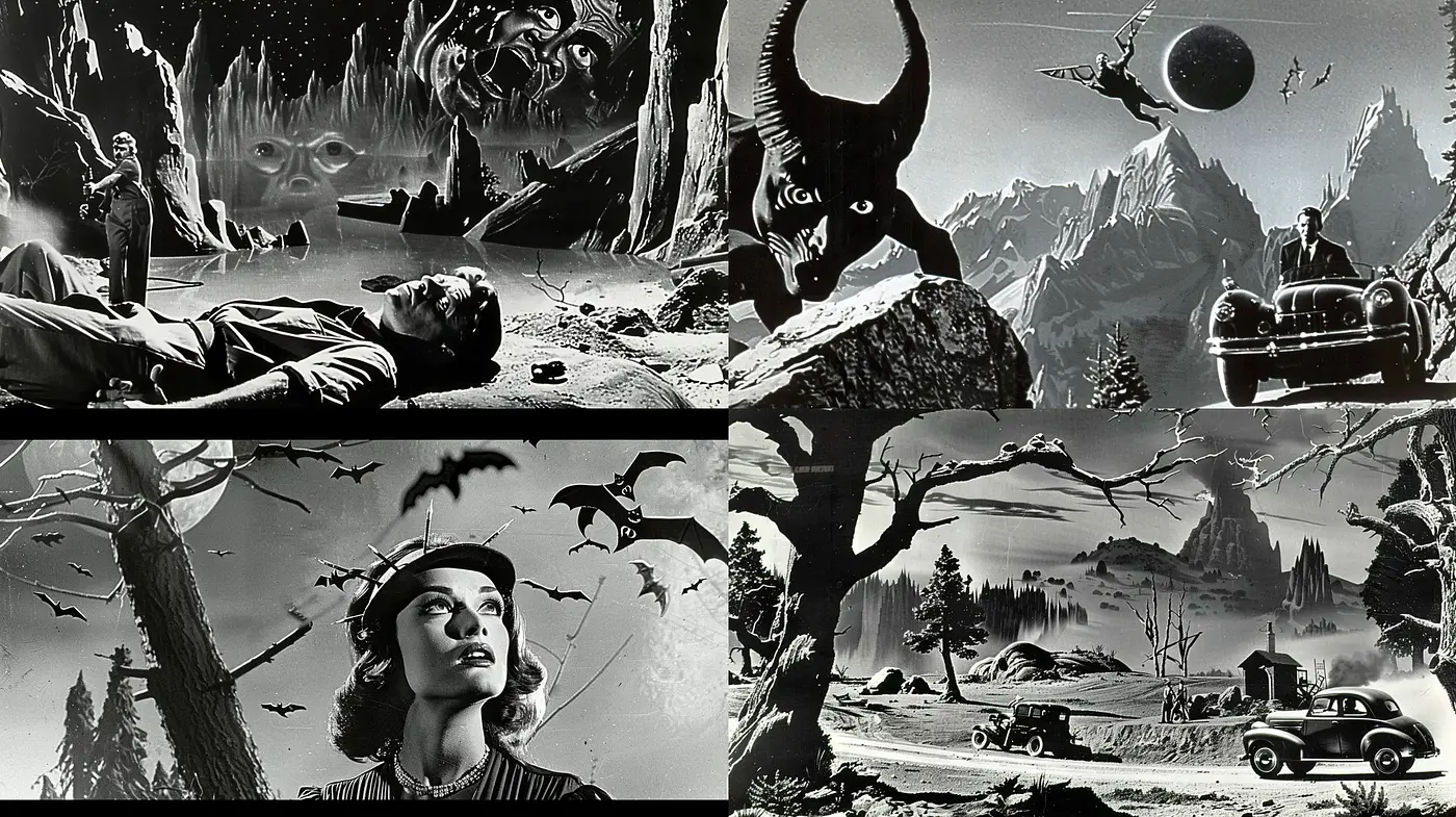 Monochromatic Retro Sci-Fi Dreamscape - Midjourney sref style