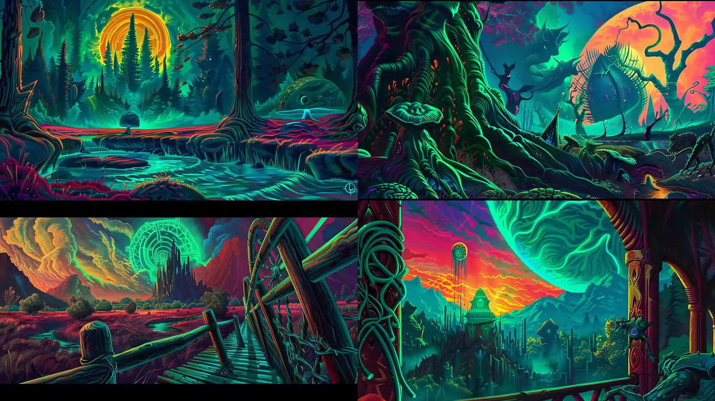 Surreal Dreamscapes in Vibrant Neon Brushstrokes - Midjourney sref style